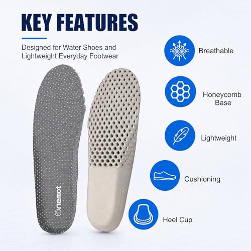 Image of riemot Water Shoe Insoles for Men, Breathable Quick Dry Replacement Inserts with U-Shaped Heel Cup, Lightweight Low Profile Cushioning for Aqua Shoes, Sneakers,Casual Shoes Grey US14 / EU47