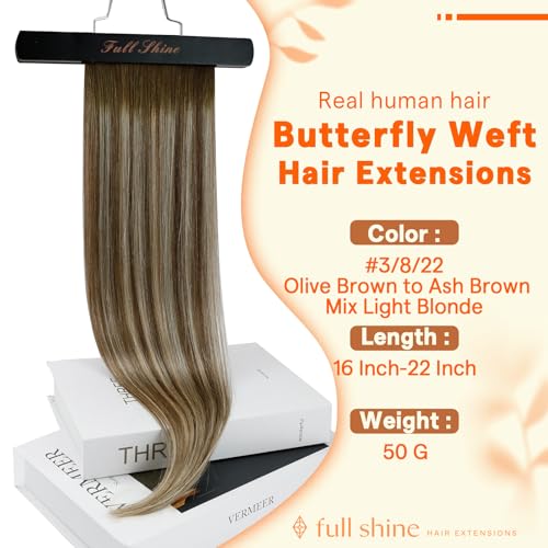 Image of Full Shine Butterfly Weft Hair Extensions Human Hair 16 Inch 50G | Balayage Olive Brown to Ash Brown with Blonde Highlights, Double Sided Weft, Invisible Micro Beads, Human Hair, Seamless Fit