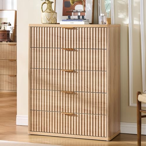 LEYAOYAO Fluted 5 Drawers Dresser for Bedroom, 41" Tall Modern Chest of Drawers with Metal Handle, Curved Profile Farmhouse Closet Organizer Wood Dressers TV Stand for Living Room, Hallway, Navy Blue