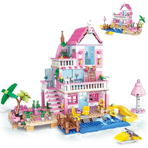 Uniiking® 822 PCS Beach House Building Set, Pink Girls Seaside Beach Villa Friends Building Set Compatible with Le-go Friends Construction Educational Toy for Kids Age 8-12 and Up
