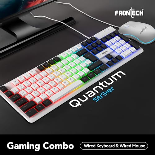Image of Frontech Quantum Striker Gaming Combo | Rainbow Backlit Keyboard with Optical Mouse | 2400 DPI Adjustable | 4 Button Mouse | USB Plug & Play | 104 Keys | 1 Year Warranty (KB-0050WHT)