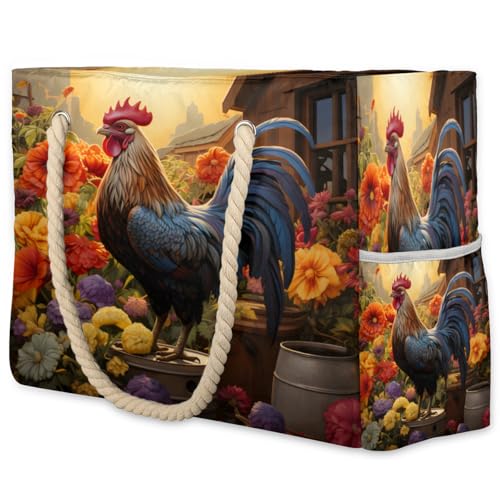 Rooster Print Large Beach Bag Waterproof Beach Bag for Women Oversized Sandproof Beach Tote Bag with Zipper for Gym Travel Daily Pool Bag Big Tote