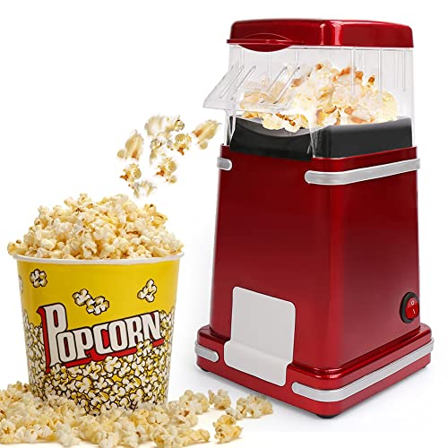 Hot Air Household Popper Popcorn Maker, Lightweight No Oil Needed Electric Popcorn Popper,1200W Popcorn Machine 2 Minutes with Free Measuring Cup and Removable Top Lid for Home, Family, Partyï¼ˆMetal Redï¼‰