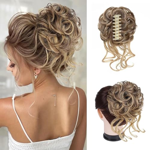Foaoit Large Messy Bun Hair Pieces for Women Wavy Curly Fake Hair Bun Extensions Ponytail Hairpieces for Updo Natural Synthetic Claw Clip Bun Hair Accessories Light Brown mix Blonde
