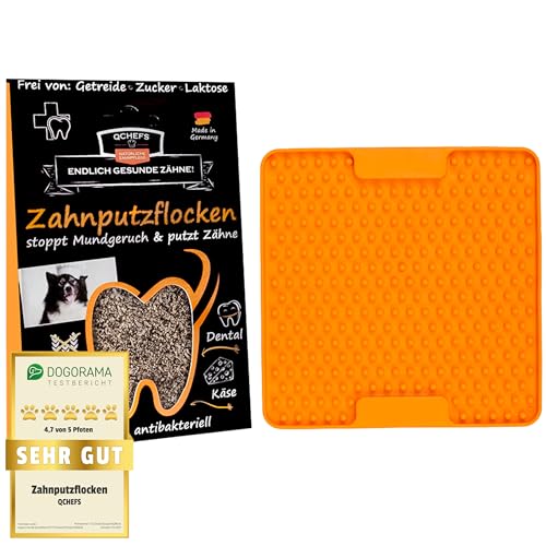 QCHEFS ZAHNPUTZFLOCKEN & Lickimat Soother als Zahnpflege Hund für Mundgeruch und Zahnstein Weg und Schleckmatte schlecken nach dem Hundefutter zur Beruhigung als Hundezubehör für unterwegs