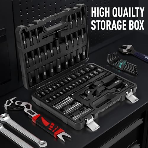 Image of DISEN 94 PCS 1 /4 inch Drive Impact Socket Set, Shallow & Deep Socket SAE(5 /32 inch-9 /16 inch) & Metric(4-15mm), Torx Screwdriver Bit Set, 72T Ratchet Wrench Handle, CRV Tool Set with Adapter, Automotive Repair
