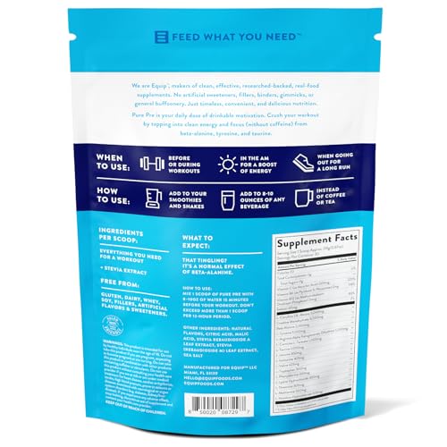 Image of Equip Foods Pure Pre All Natural Pre-Workout Powder | Caffeine Free, EAA, Vitamin C, B6, B12, L-carnitine, Agnine | Naturally Boosts Workouts | 30 Servings, BlackBerry Lemon Decaffeinated