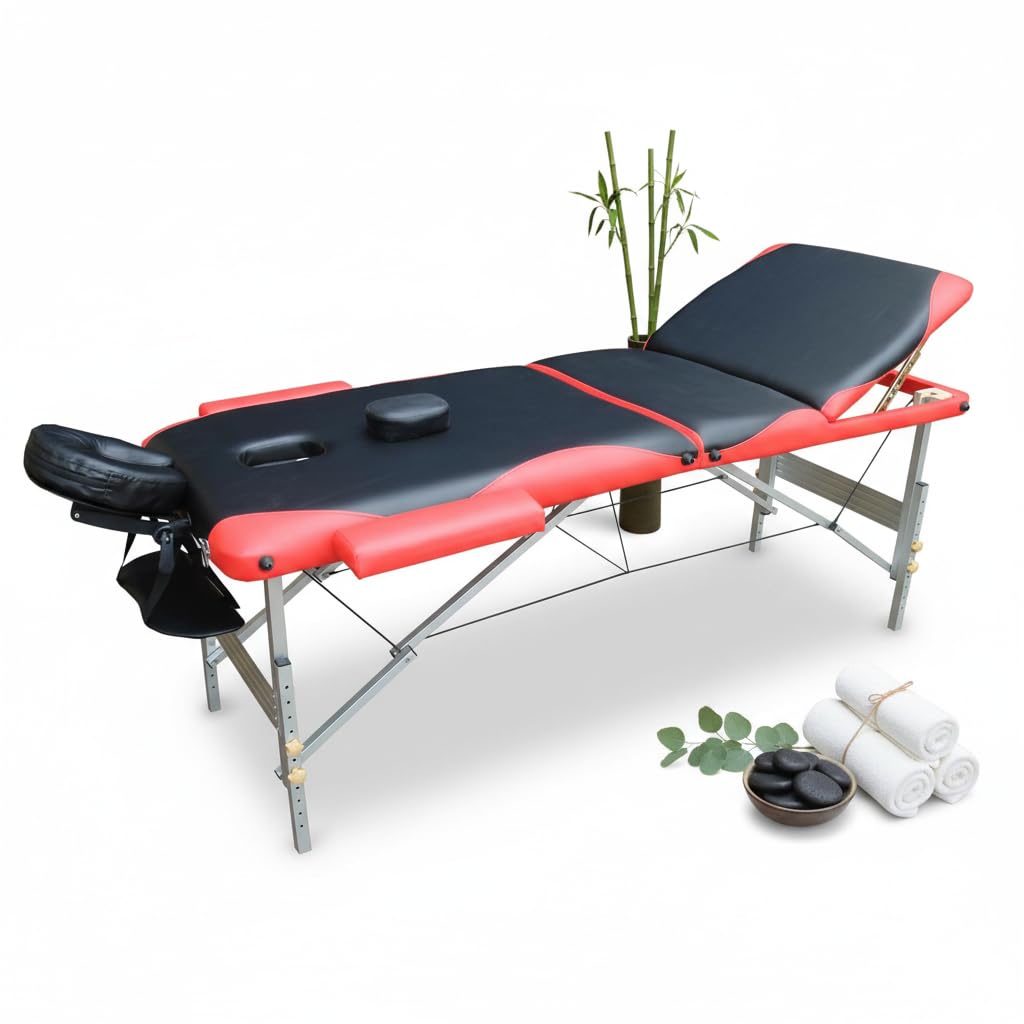 Mucola Massageliege 3 Zonen Kosmetikliege Aluminium | klappbar und höhenverstellbar | Portable Massagebank inkl. Zubehör Kopfstütze, Armlehnen und Tragetasche - Schwarz/Orange