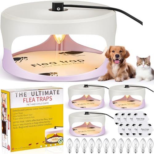 Image of 4 Packs Flea Traps for Inside Your Home, White, Purple | Includes 8 Sticky Pads, 12 Bulbs, 4 Electric Wires, Flea Killer Indoor Bed Bug Light Trap, for Home Indoor Safe to Pets