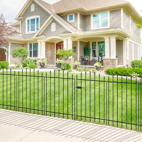 FOREHOGAR Metal Garden Fence with Gate 36 in H x 12 ft L, 1 Gate + 5 Panels Border Dog Fence Panels Animal Barrier, No Dig Garden Fencing for Yard Patio Flower Bed Lawn Outdoor, Arch Black Cover