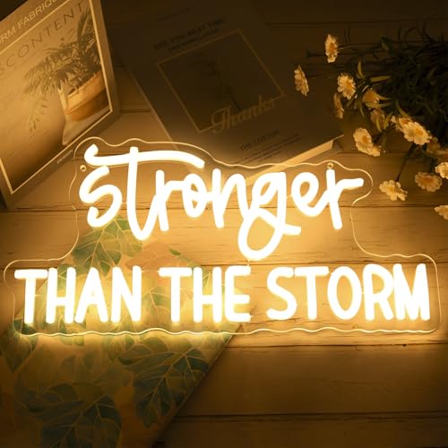 Image of Stronger Than the Storm Neon Sign Dimmable Neon Signs for Wall Decor Inspirational LED Signs Warm White USB Light Up Sign for Bedroom Living Room Home Decoration
