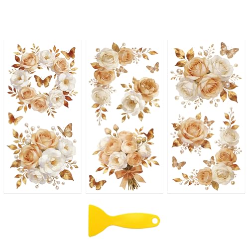 Peacoblue Autocollants Transfert à Frotter pour Décoration de Meubles 15cmx30cm Fleurs de Champagne avec Roses,Lot de 3 Transferts DTF UV Imperméables pour Tiroir,Commode,Verre,Porcelaine