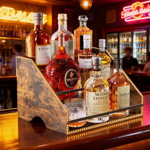 Nuovoware LED Lighted Liquor Bottle Display Shelf, 3 Step Wood Countertop Liquor Rack with Fences & Portable Handles, 12-Bottle Whiskey Rack Liquor Display Retro Wine Rack for Home Bar Party, Brown
