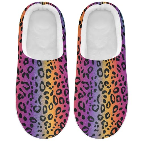JUNZAN Rainbow Leopard Printed Womens House Cotton Slippers Non Skid Memory Foam Mens Slippers for Spa Funny Presents 6-7