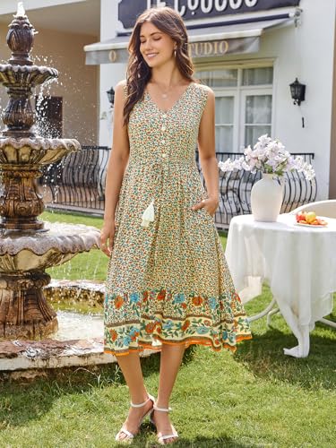 Image of BROVAVE Women Summer Bohemian Floral Print V Neck Sleeveless Sundress Flowy Casual Midi Dress