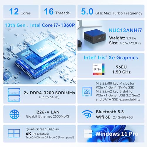 Image of Intel NUC 13 PRO NUC13ANHi7 Arena Canyon, 13TH Gen CPU, 0GB RAM 0GB SSD NO OS, Intel Core i7-1360P Mini Desktop Computer, 8K /4K UHD, Gigabit Ethernet /WiFi-6 /VESA for Business /Office /Home Barebones