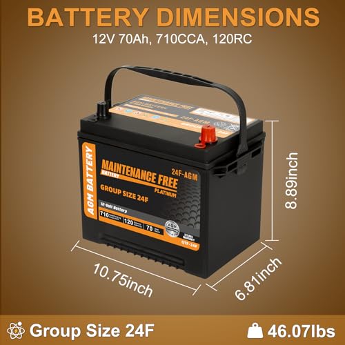 Image of Autocessking Group Size 24F Start and Stop AGM Automotive Battery, Rechargeable Car Battery 12V 70Ah, 710 CCA, 120 RC
