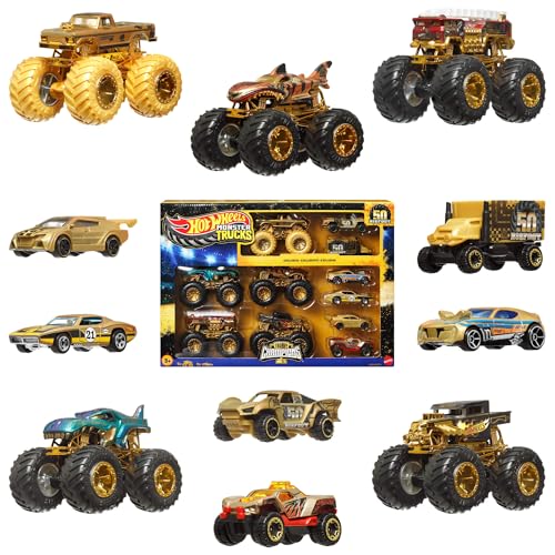 Miniatura 2 de Hot Wheels Monster Trucks Campeones De Trofeo Colección De Coches Y Camiones, Con Vehículos Metálicos: Bigfoot, 5-Alarm, Bone Shaker, Mega-Wrex Y Tiger Shark, Además De Seis Coches, Jdw07