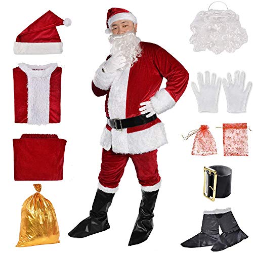 Christmas Santa Claus Suit, Adult Men's Santa Costume, Xmas Classic Flannel Cosplay Clothes, Santa Fancy Suits Outfit (Deep red-9pcs)
