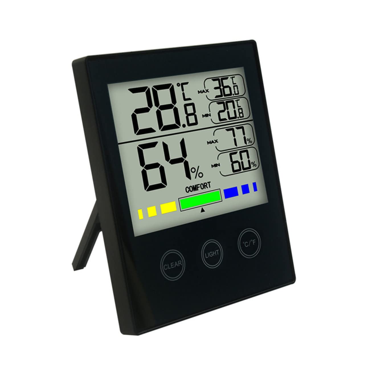 Termometro Igrometro Digitale Touch con Display Retroilluminato Nero | Abs Portatile, Registra Valori Massimi e Minimi di Temperatura e Umidità, Uso in Soggiorno Domestico