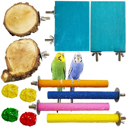 Image of Hamiledyi Bird Perch Stand Wood Parrot Stand Platform Colorful Sand Paw Grinding Stick Rattan Wicker Balls Parakeet Chewing Toys for Cockatiel Conure Budgies Parakeet Lovebird(12Pcs)