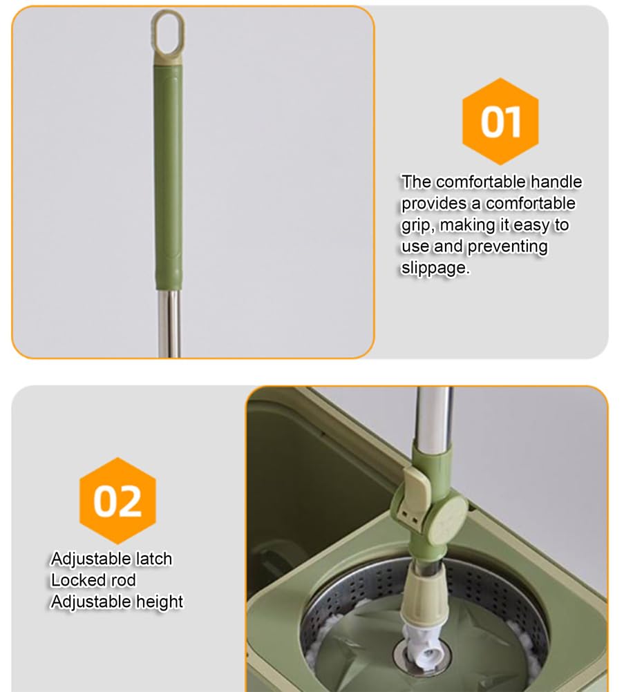 Juego de fregona giratoria y cubo con ruedas, fregona de microfibra | Mango ajustable de acero inoxidable, cabezal de fregona giratorio de 360°, sistema de limpieza de fregona perezosa