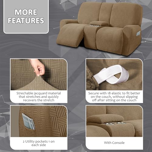 ULTICOR Jacquard Design Reclining Loveseat with Middle Console Slipcover, 8-Piece Stretch Sofa Covers, 2 seat Loveseat Recliner Cover, Washable (Style 4) (Sand) by ULTICOR - Image 3