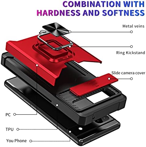 for Google Pixel 6a Case with Screen Protector, Sliding Camera Cover and Card Holder, Ring Kickstand Military Shockproof Full Body Protective Shell for Pixel 6A 5G (Red)