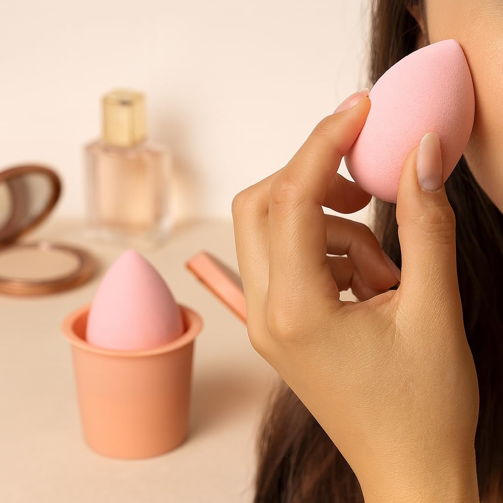 Makeup Sponge Set – Coffee Cup Storage, Non-Absorbing, High-Density Beauty Blender for Wet & Dry Use (Pink)