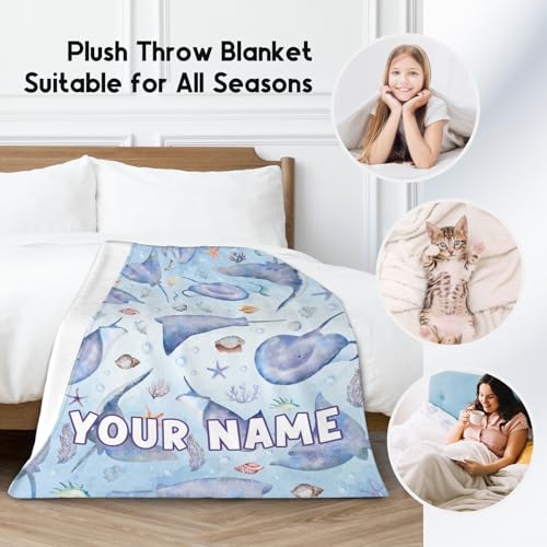 Custom Stingray Blanket with Name for Girls Boys, Cute Soft Gifts for Ocean Lovers, Cozy Flannel Throw for Bed Travel, 50"x60"