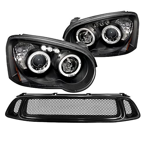 SPEC-D TUNING Blk Halo LED Projector Headlights + Mesh Hood Grille Compatible with 2004-2005 Subaru Impreza Wrx Left + Right Pair Headlamps Assembly