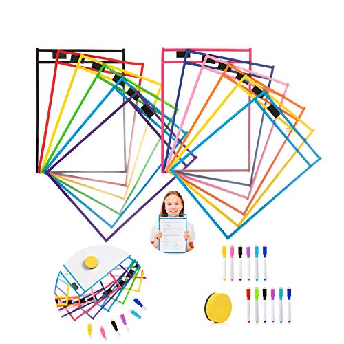 WolinTek 12 Pack Dry Erase Pockets, capas fichas de papel de tamanho grande 25,5x33 cm / A4 com 12 peças canetas, para a organização na sala de aula e escola, berçário, Teaching Office (D)