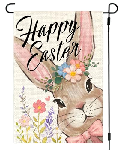 ARGOOFG Happy Easter Garden Flag 12x18 Inch Double Sided Outside Floral Bunny Holiday Seasonal Decorative Spring Outdoor Yard Porch Decoration