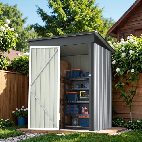 Image of Greesum Outdoor Storage Shed 5 x 3 ft. Utility Tool Shed Metal Storage Garden Shed with Door & Lock for Patio Storage, White
