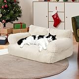 FURMORENE Large Cat Beds for Indoor Cats, Dog Couch Bed, Cute Cat Couch Sofas for Less 20lbs Kitten Puppy, Small Dog Sofas & Chairs with Removable Washable Cover, Soft Warm Pet Furniture, Cream