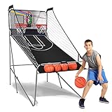 Goplus Foldable Dual Shot Basketball Arcade Game, Electronic Basketball Hoop Game w/LCD Scoreboard, 8 Game Modes, 4 Balls, Indoor Outdoor Basketball Game Machine for Kids Adults (Black)