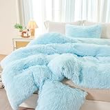 RYNGHIPY Shaggy Duvet Cover Set for Kids Girls Twin Size Fluffy Long Hair Faux Fur Bedding Set 3Pcs Ultra Soft Plush Bed Sets with Zipper Closure (Light Blue, Twin)