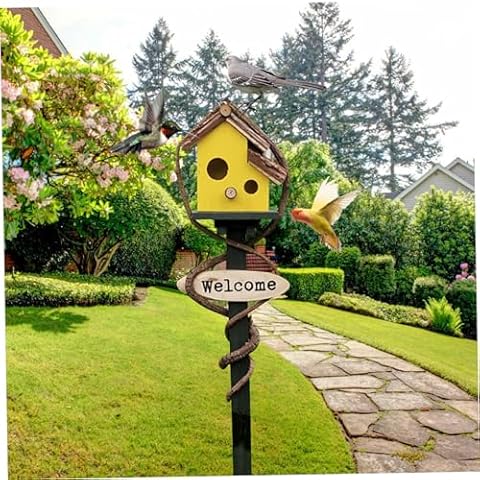 Decorative Wooden Birdhouse with Garden Stake Cover