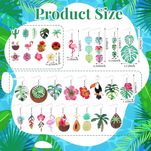 Nosiny 36 Pairs Tropical Earrings Bulk for Women Hawaiian Summer Earrings Acrylic Dangle Green Palm Leaf Coconut Green Plant Pineapple Flamingo Jewelry Gifts for Nature Lover2