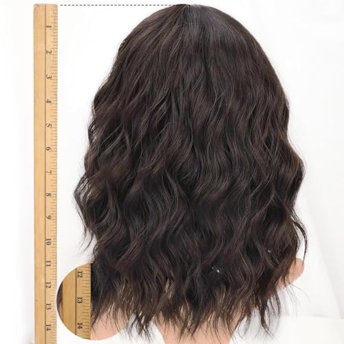 Image of AISI HAIR Natural Brown Synthetic Curly Wavy Bob Wig with Bangs for Women, 21-23 Inches