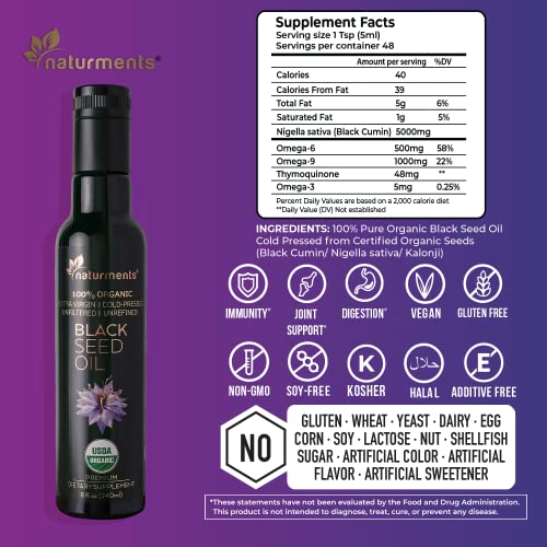 Naturments Premium Black Seed Oil Usda Certified 100% Organic Cold Pressed For Potency Non-Gmo Vegan Gluten Free Cruelty Free Nigella Sativa Oil For Immune Joints Digestion Hair & Skin 8Oz #TOP3