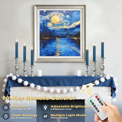 Image of Blue Flameless Taper Candles with Remote, Short Battery Operated LED Candles, 6.4inch Flickering Flameless Candlesticks for Table Centerpiece, Wedding, Mantel, Window Decor, Set of 6