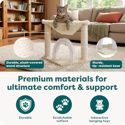 Image of FurHaven 17.3 inch Tall Cat Scratching Post Tower for Indoor Cats, Sisal Cat Tree, Tiger Tough Hammock Interactive Playground, Toys & Perches for Cats, Sisal, Cream