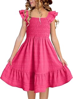 Girls Summer Dresses Cute Double Layer Ruffle Sleeve Smocked Flowy Dress 6-15 Years - Buy now