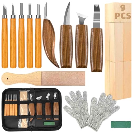 K KERNOWO Woodworking Tools Set 23PCS Wood Whittling Kit for DIY Lovers Beginners Including Basswood Blocks PU Storage Bag