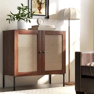 Giantex buffet cabinet wood sideboard storage cabinet with rattan door 3 position adjustable shelf freestanding coffee bar accent cabinet kitchen cupboard organizer for living room hallway  urban country home decor