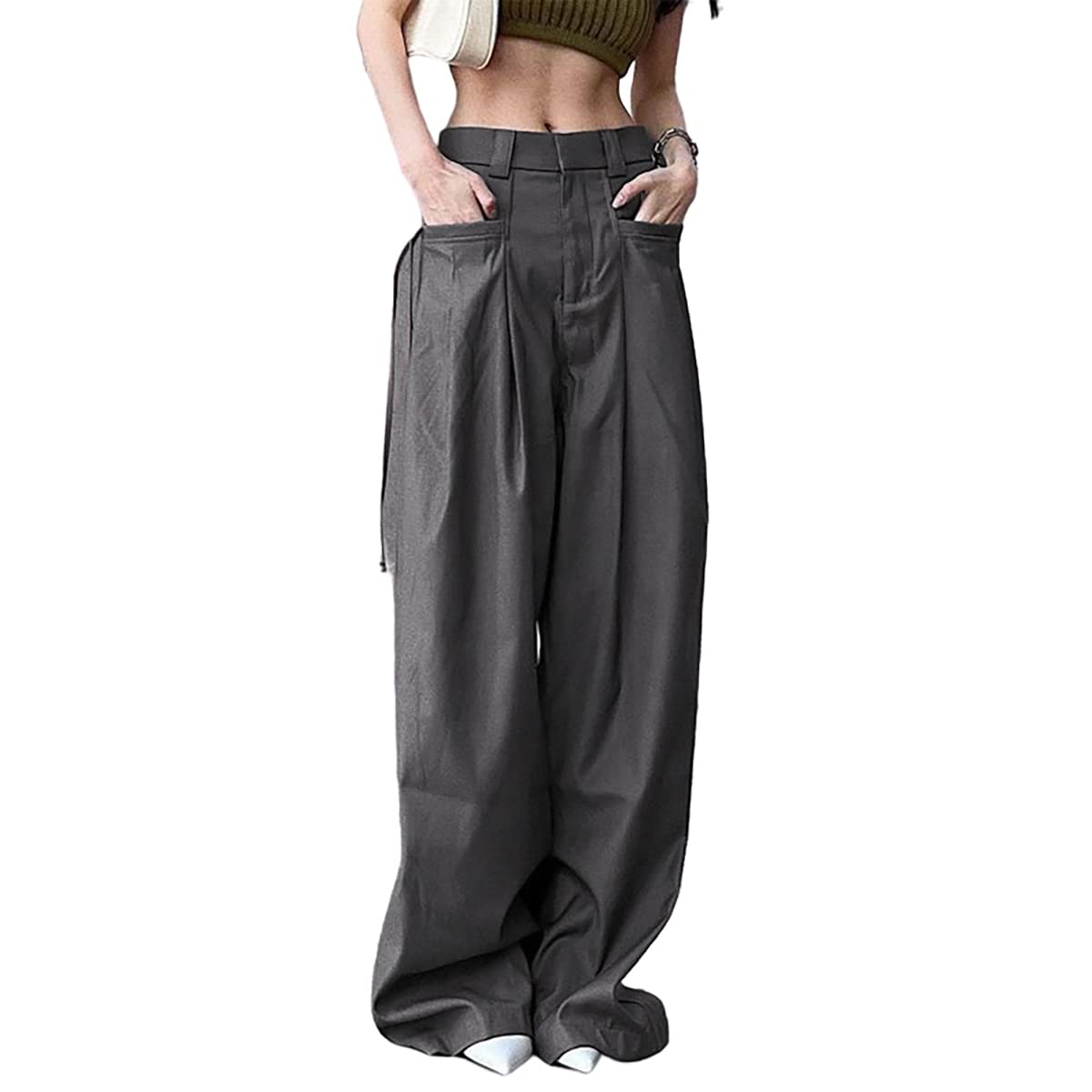 Harajuku Womens Straight Pants Grey High Waist Loose Legs Long Streamers Y2K Wide Leg Pants