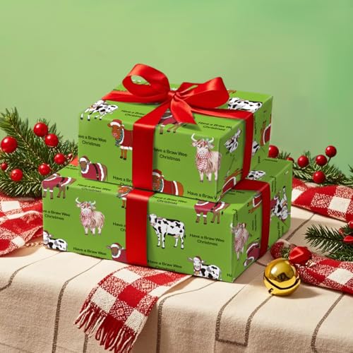 WRAPAHOLIC Cow Christmas Wrapping Paper - Mini Roll - 17 Inch x 16.5 Feet - Highland Cow and Have a Braw Woo Christmas Design for Xmas Holiday, Party Celebration - Thumbnail 5