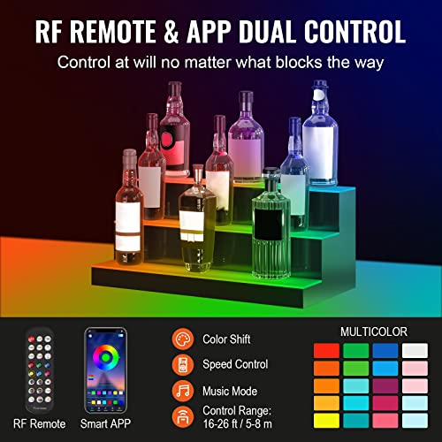 Image of VEVOR LED Lighted Liquor Bottle Display, 3 Tiers 24 Inches, Supports USB, Illuminated Home Bar Shelf with RF Remote & App Control 7 Static Colors 1-4 H Timing, Acrylic Lighting Shelf for 18 Bottles