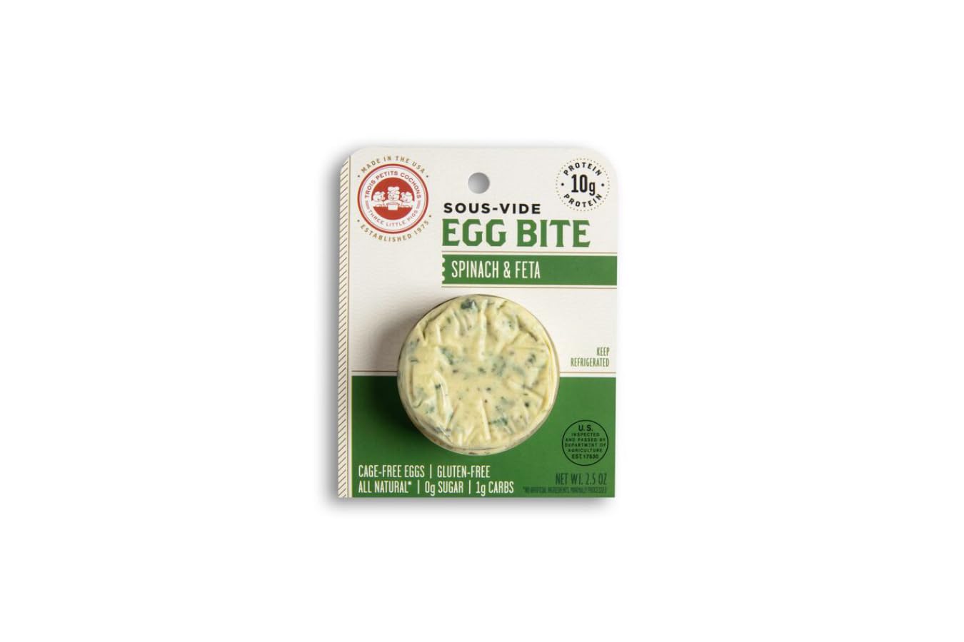Les Trois Petits Cochons Sous-Vide Egg Bites with Spinach & Feta, 12 Pack of 2.5 oz Each, Gluten-Free, All-Natural, High-Protein